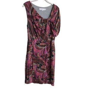 Trina Turk Raven Plumes Dress Pink Multicolor Asymmetrical Neckline Size 12 EUC